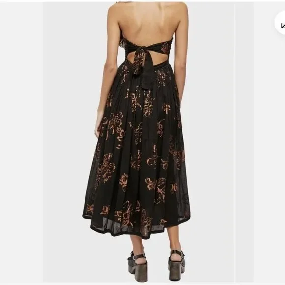 Free People Baja Babe Black Bronze Foil Halter Midi Dress Sz M - Picture 3 of 14